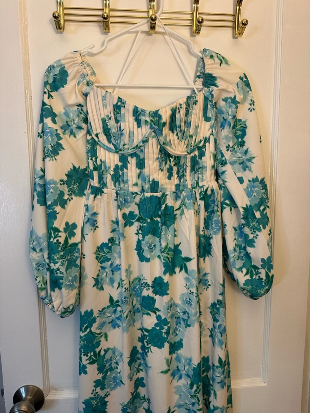 Hello Molly White Smocked Top with Teal Blue Trim